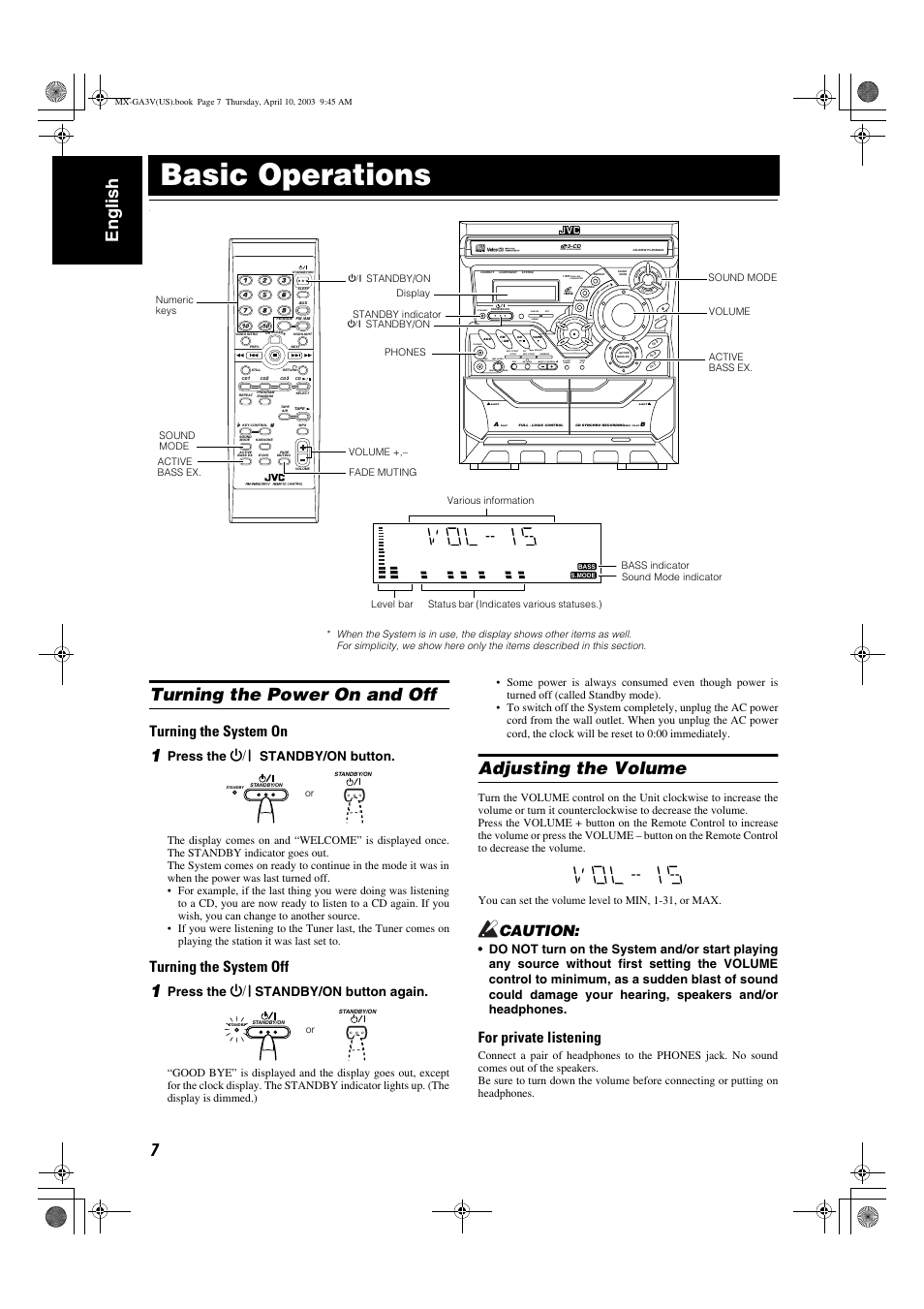 Basic operations, 7english, Turning the power on and off | Adjusting the volume, Turning the system on, Turning the system off, Caution, For private listening, Clock /timer, Tape a / b | JVC CA-MXGA3V User Manual | Page 10 / 36