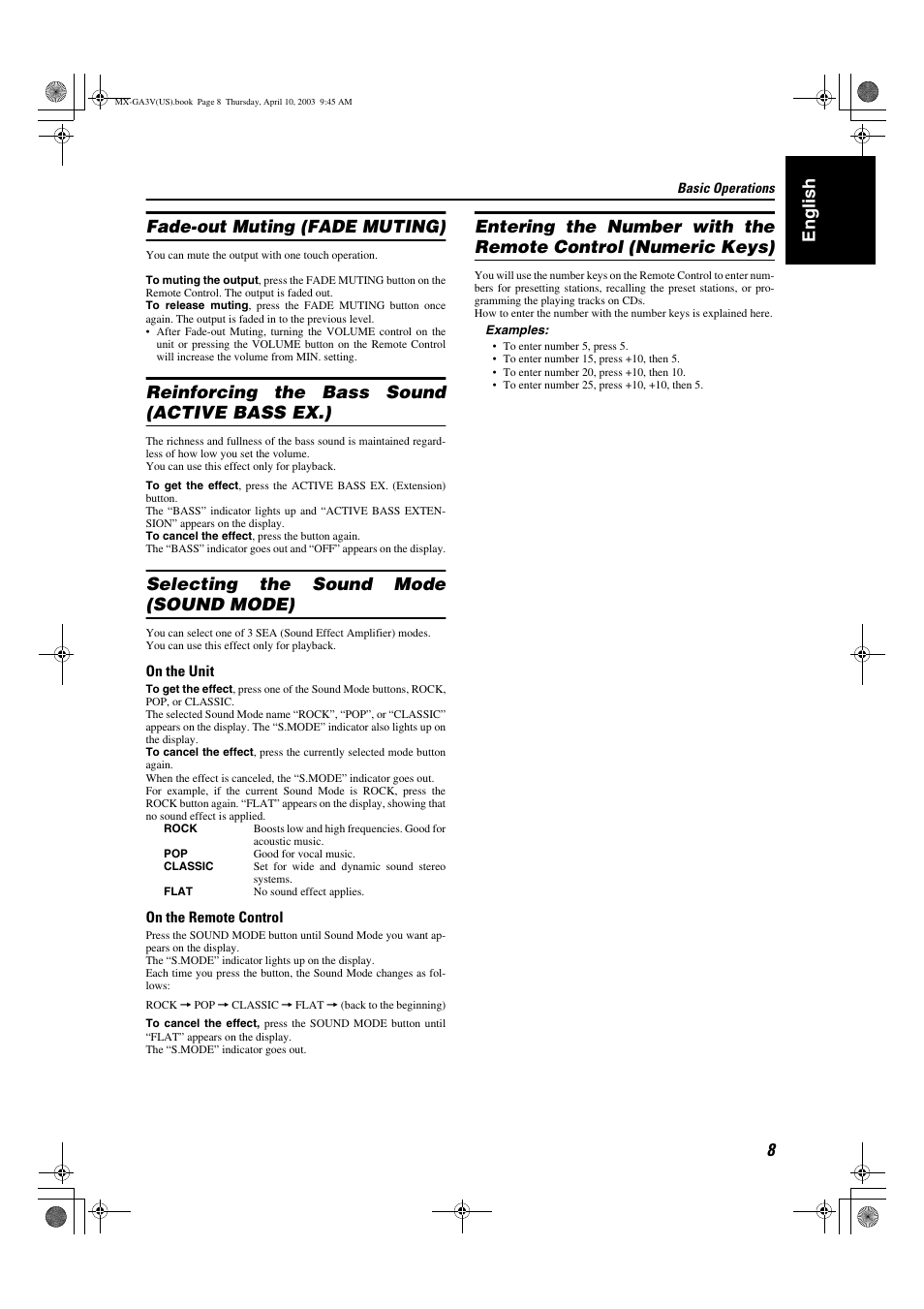 English fade-out muting (fade muting), Reinforcing the bass sound (active bass ex.), Selecting the sound mode (sound mode) | JVC CA-MXGA3V User Manual | Page 11 / 36