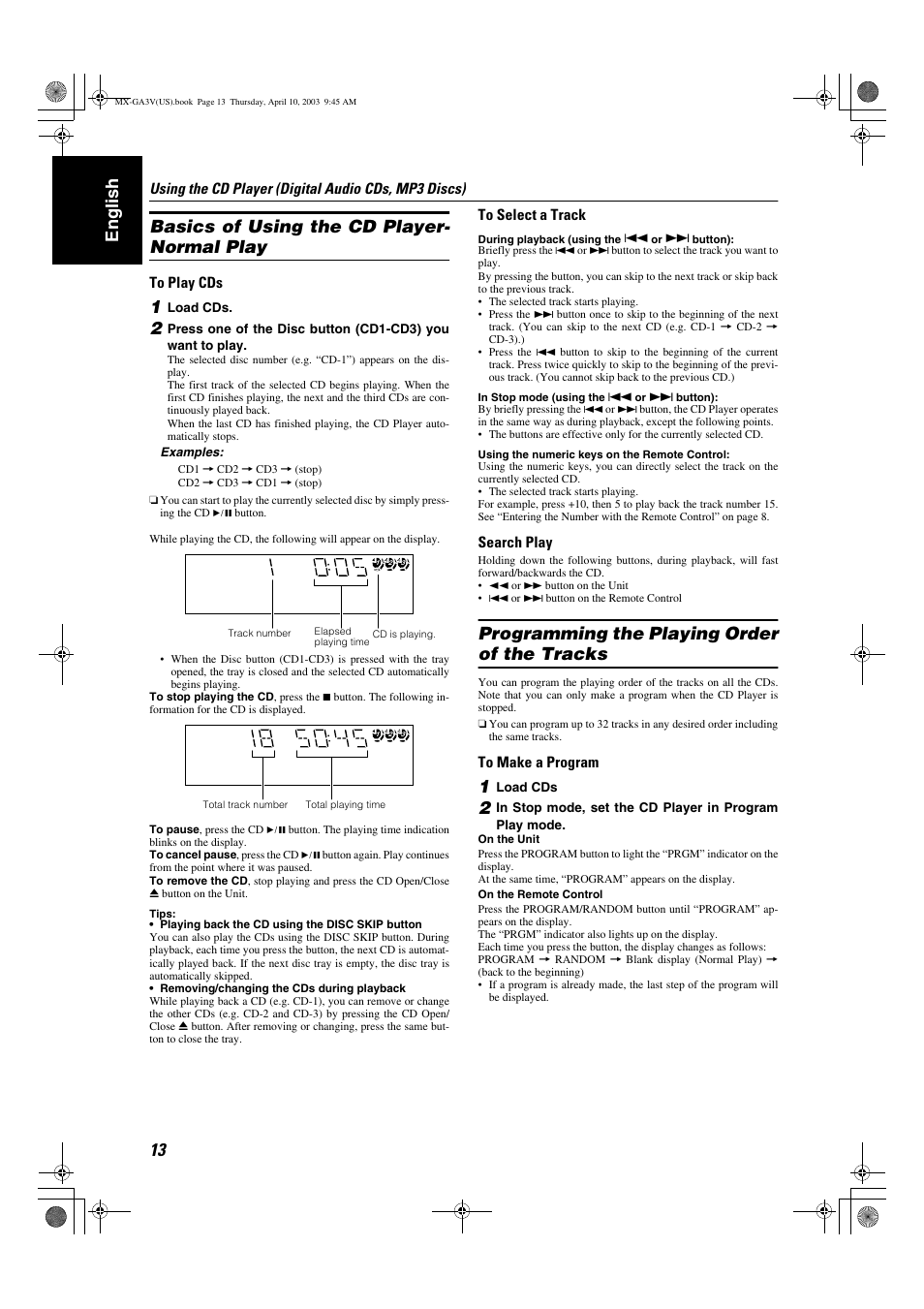 English basics of using the cd player- normal play, Programming the playing order of the tracks | JVC CA-MXGA3V User Manual | Page 16 / 36