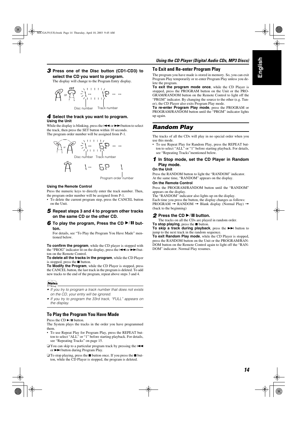 English 3, Random play | JVC CA-MXGA3V User Manual | Page 17 / 36