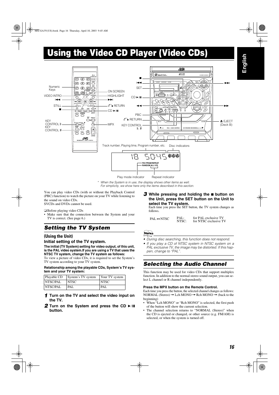 Using the video cd player (video cds), 16 english, Setting the tv system | Selecting the audio channel, Using the unit), Initial setting of the tv system, Return pbc mic min max mic level, Clock /timer, Tape a / b, Dual d/a converter | JVC CA-MXGA3V User Manual | Page 19 / 36