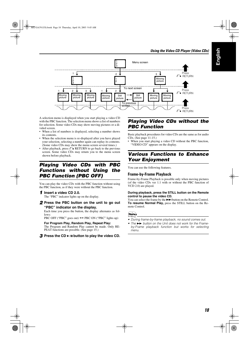 English, Playing video cds without the pbc function, Various functions to enhance your enjoyment | Frame-by-frame playback | JVC CA-MXGA3V User Manual | Page 21 / 36