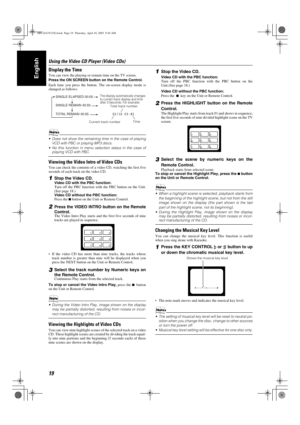 English, Using the video cd player (video cds), Display the time | Viewing the video intro of video cds, Viewing the highlights of video cds, Changing the musical key level | JVC CA-MXGA3V User Manual | Page 22 / 36