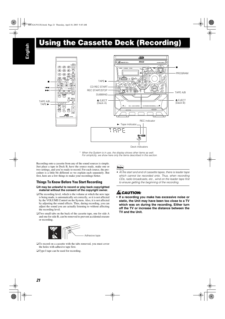 Using the cassette deck (recording), 21 english, Things to know before you start recording | Caution, Return pbc, Preset tuning, Key control next prev. vcd number, Adhesive tape | JVC CA-MXGA3V User Manual | Page 24 / 36