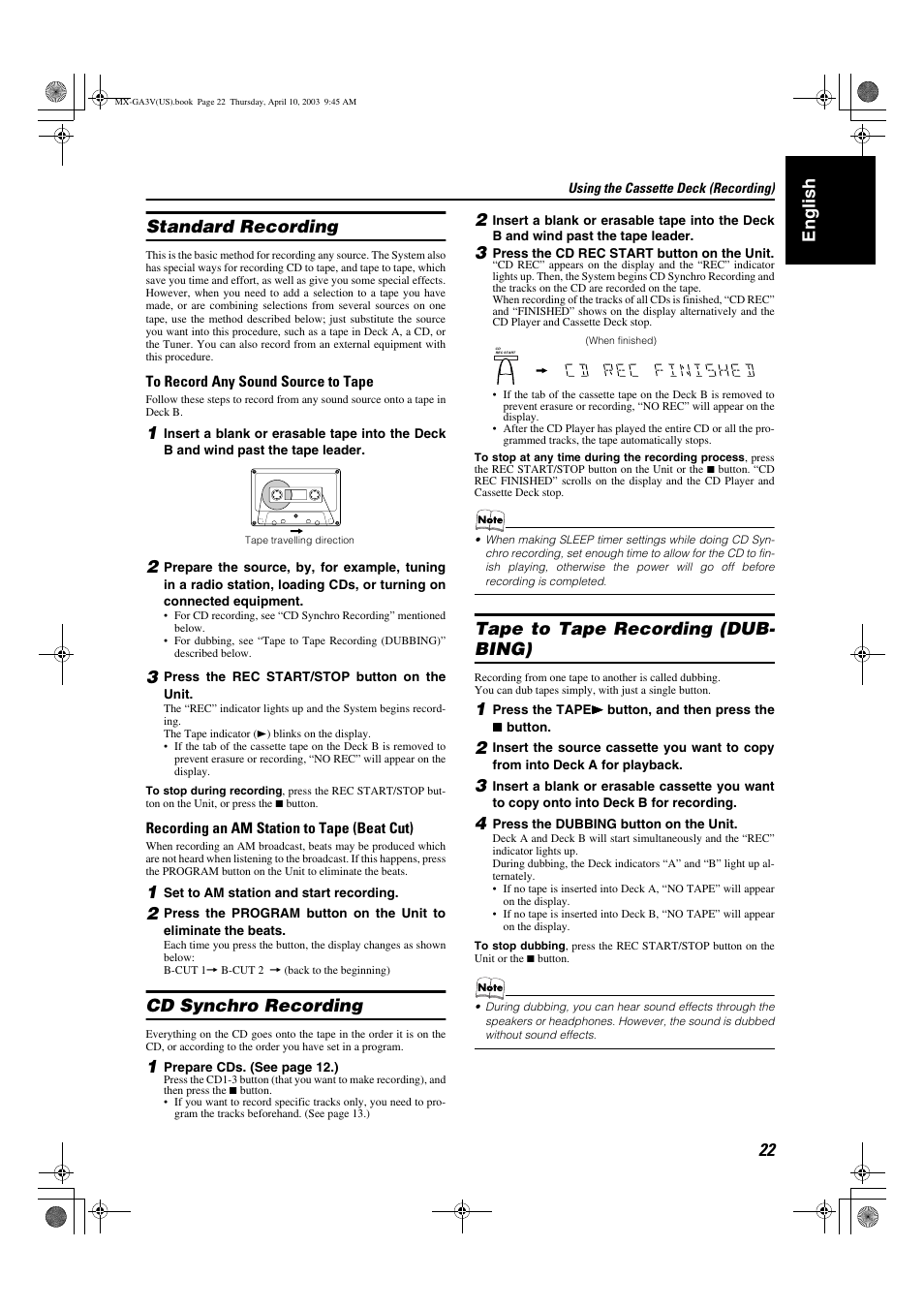 English standard recording, Cd synchro recording, Tape to tape recording (dub- bing) | JVC CA-MXGA3V User Manual | Page 25 / 36