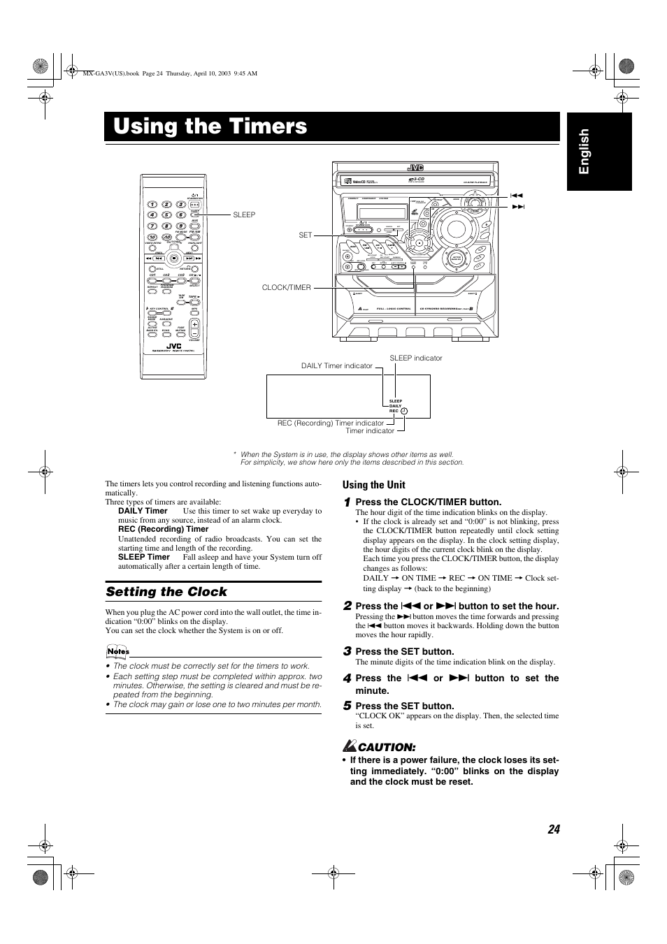 Using the timers, 24 english, Setting the clock | Using the unit, Caution, Return pbc, Clock /timer, Tape a / b, Dual d/a converter, Preset tuning | JVC CA-MXGA3V User Manual | Page 27 / 36
