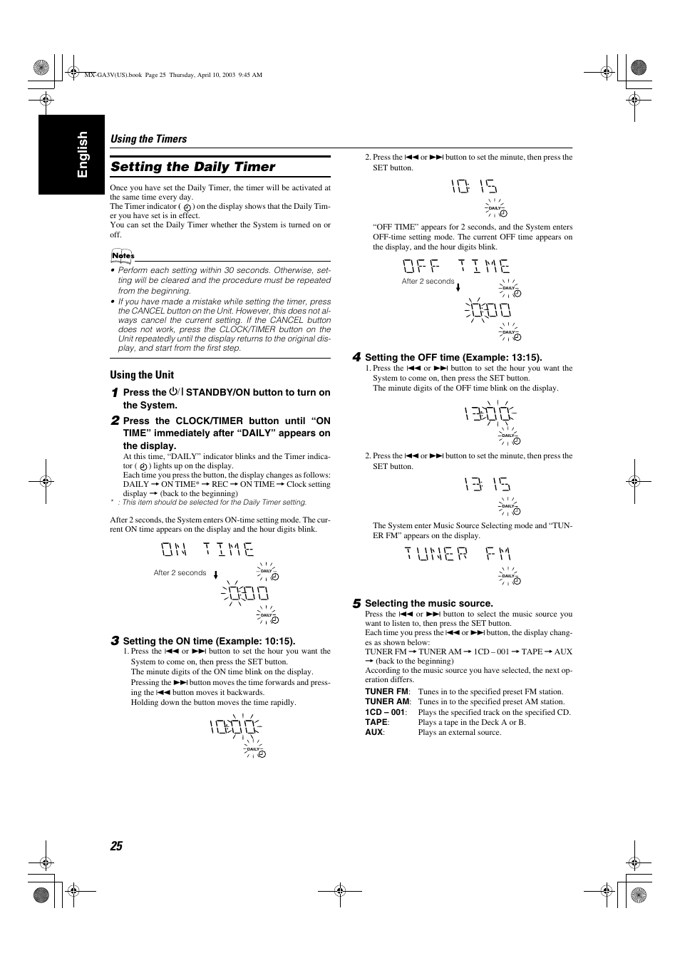 English setting the daily timer, Using the timers, Using the unit | JVC CA-MXGA3V User Manual | Page 28 / 36