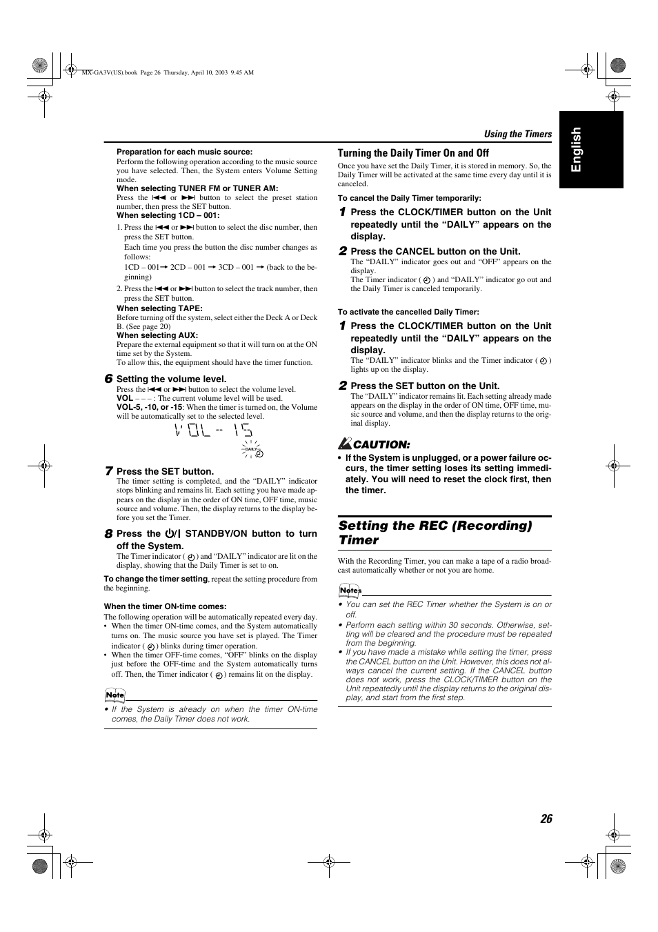 English, Setting the rec (recording) timer | JVC CA-MXGA3V User Manual | Page 29 / 36