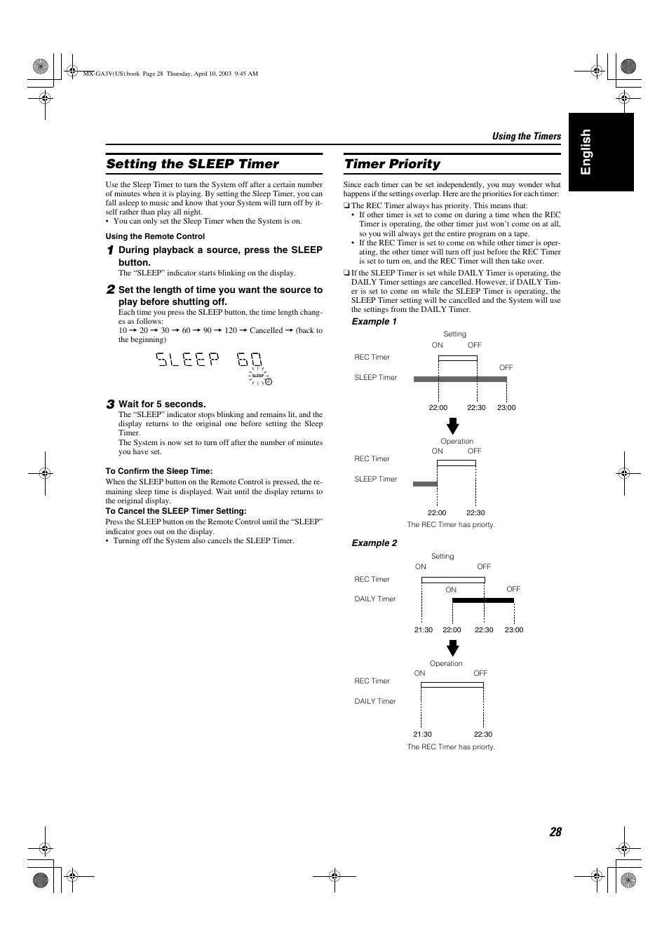 English setting the sleep timer, Timer priority | JVC CA-MXGA3V User Manual | Page 31 / 36