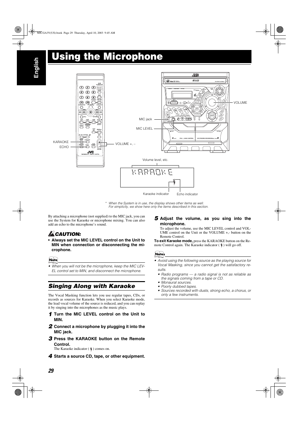 Using the microphone, 29 english, Singing along with karaoke | Caution, Clock /timer, Tape a / b, Dual d/a converter, Preset tuning, Turn the mic level control on the unit to min, Press the karaoke button on the remote control | JVC CA-MXGA3V User Manual | Page 32 / 36