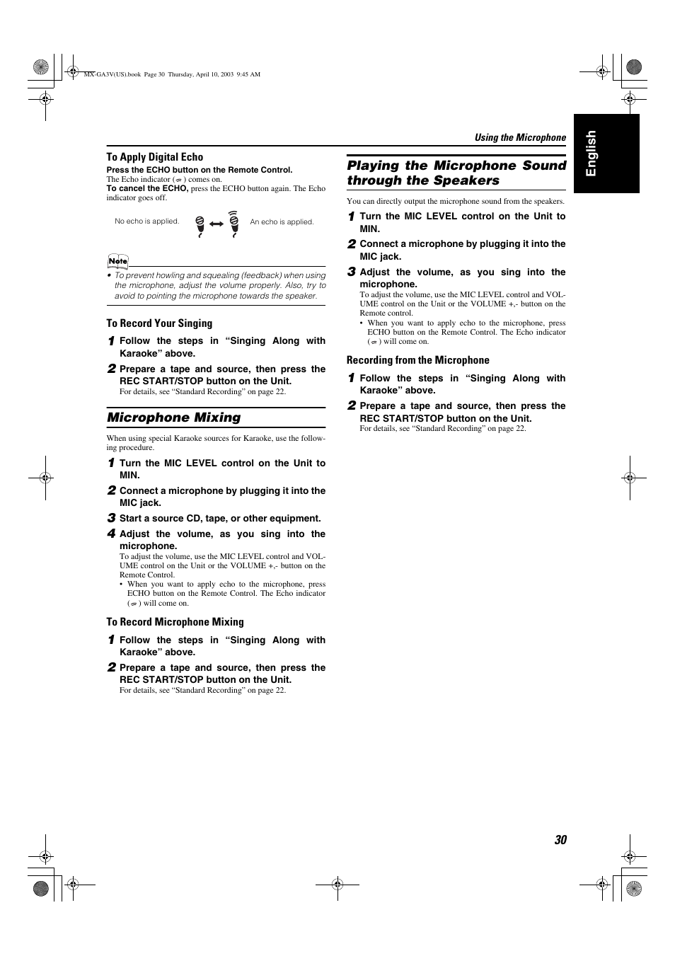 English, Microphone mixing, Playing the microphone sound through the speakers | JVC CA-MXGA3V User Manual | Page 33 / 36