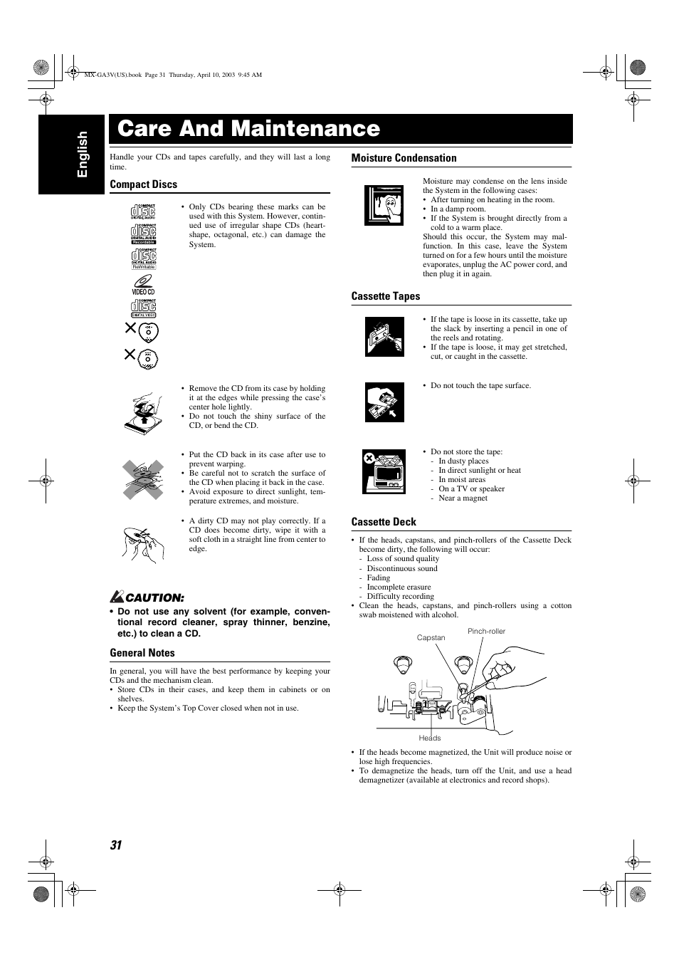 Care and maintenance, 31 english | JVC CA-MXGA3V User Manual | Page 34 / 36