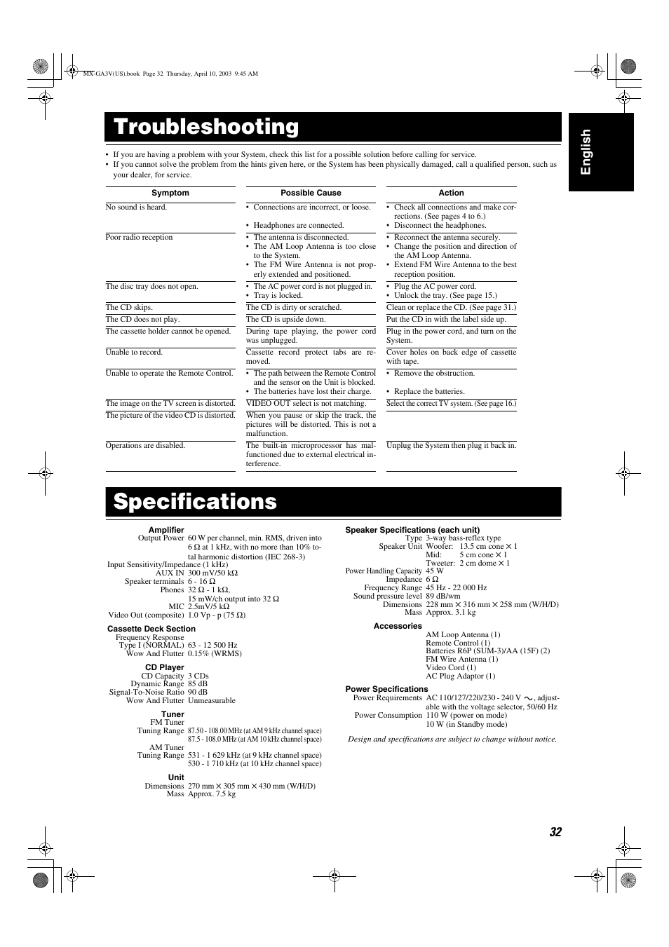 Troubleshooting, Specifications, 32 english | JVC CA-MXGA3V User Manual | Page 35 / 36