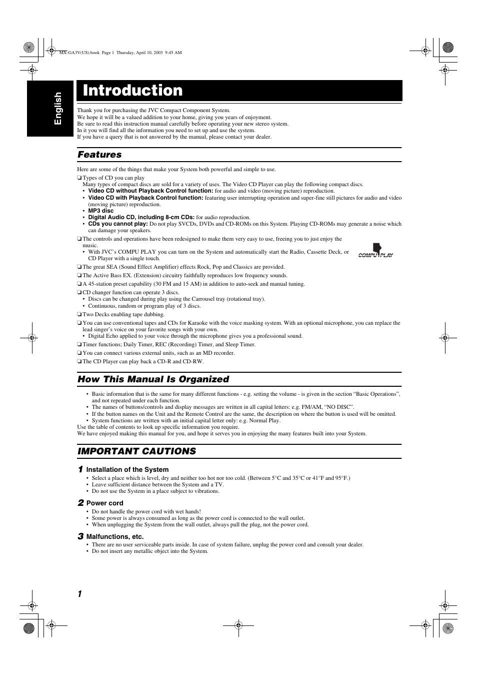 Introduction, 1english, Features | How this manual is organized, Important cautions 1 | JVC CA-MXGA3V User Manual | Page 4 / 36