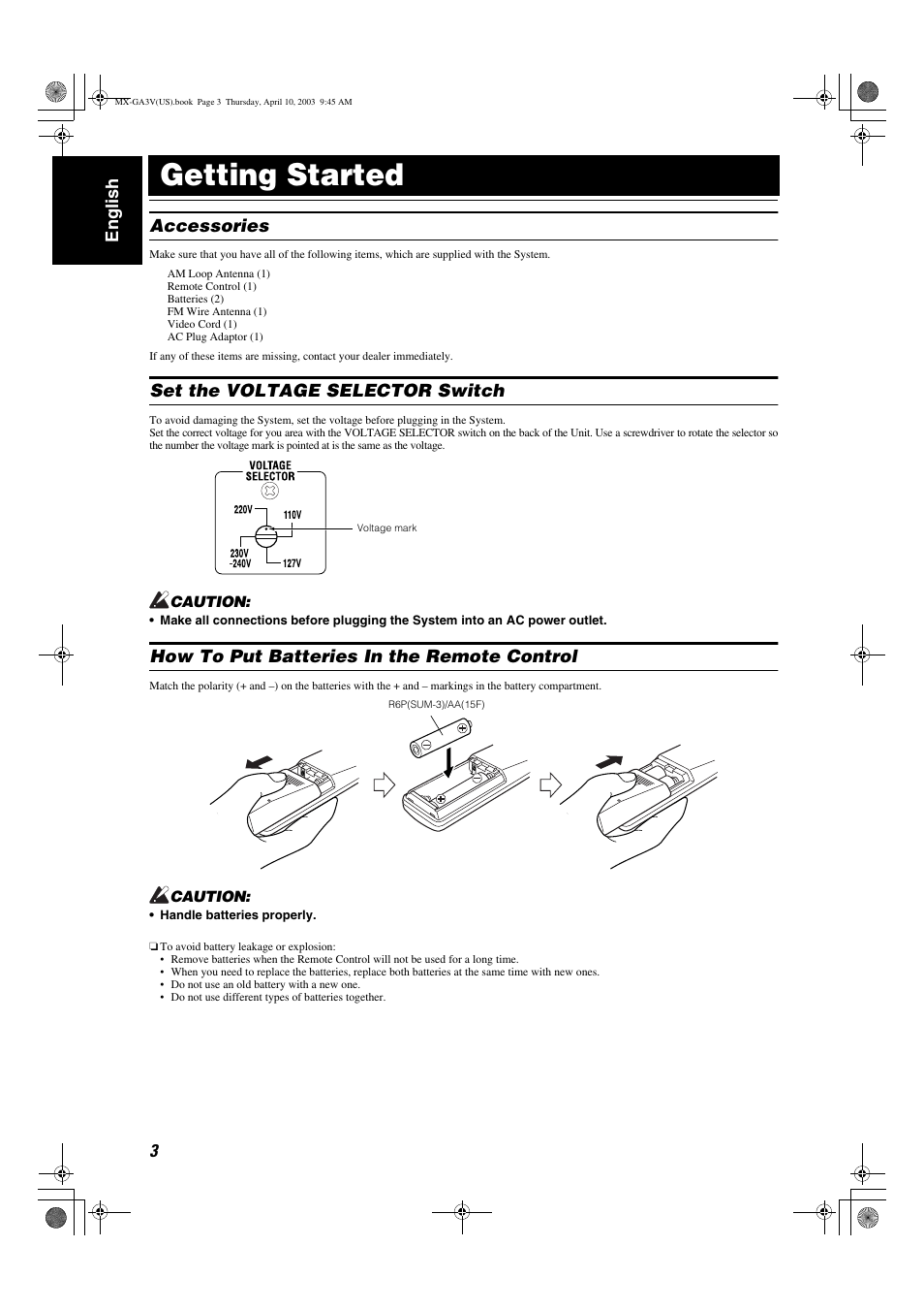 Getting started, 3english, Accessories | Set the voltage selector switch, How to put batteries in the remote control | JVC CA-MXGA3V User Manual | Page 6 / 36