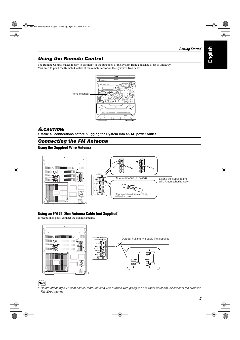 English using the remote control, Connecting the fm antenna | JVC CA-MXGA3V User Manual | Page 7 / 36