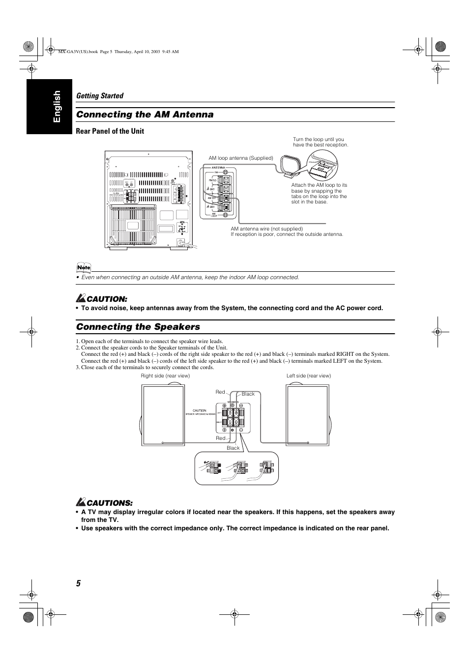 English connecting the am antenna, Connecting the speakers | JVC CA-MXGA3V User Manual | Page 8 / 36