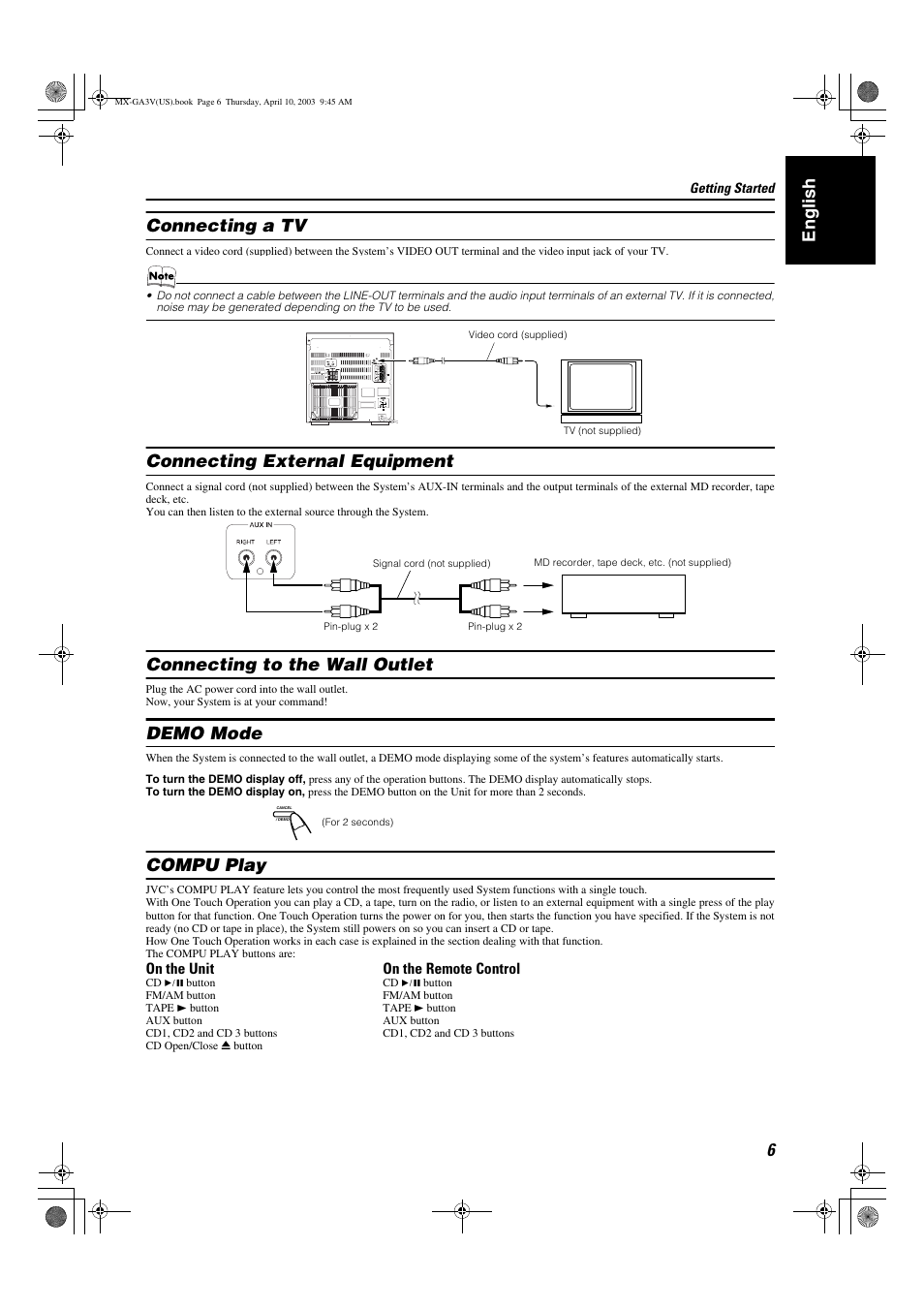 English connecting a tv, Connecting external equipment, Connecting to the wall outlet | Demo mode, Compu play | JVC CA-MXGA3V User Manual | Page 9 / 36