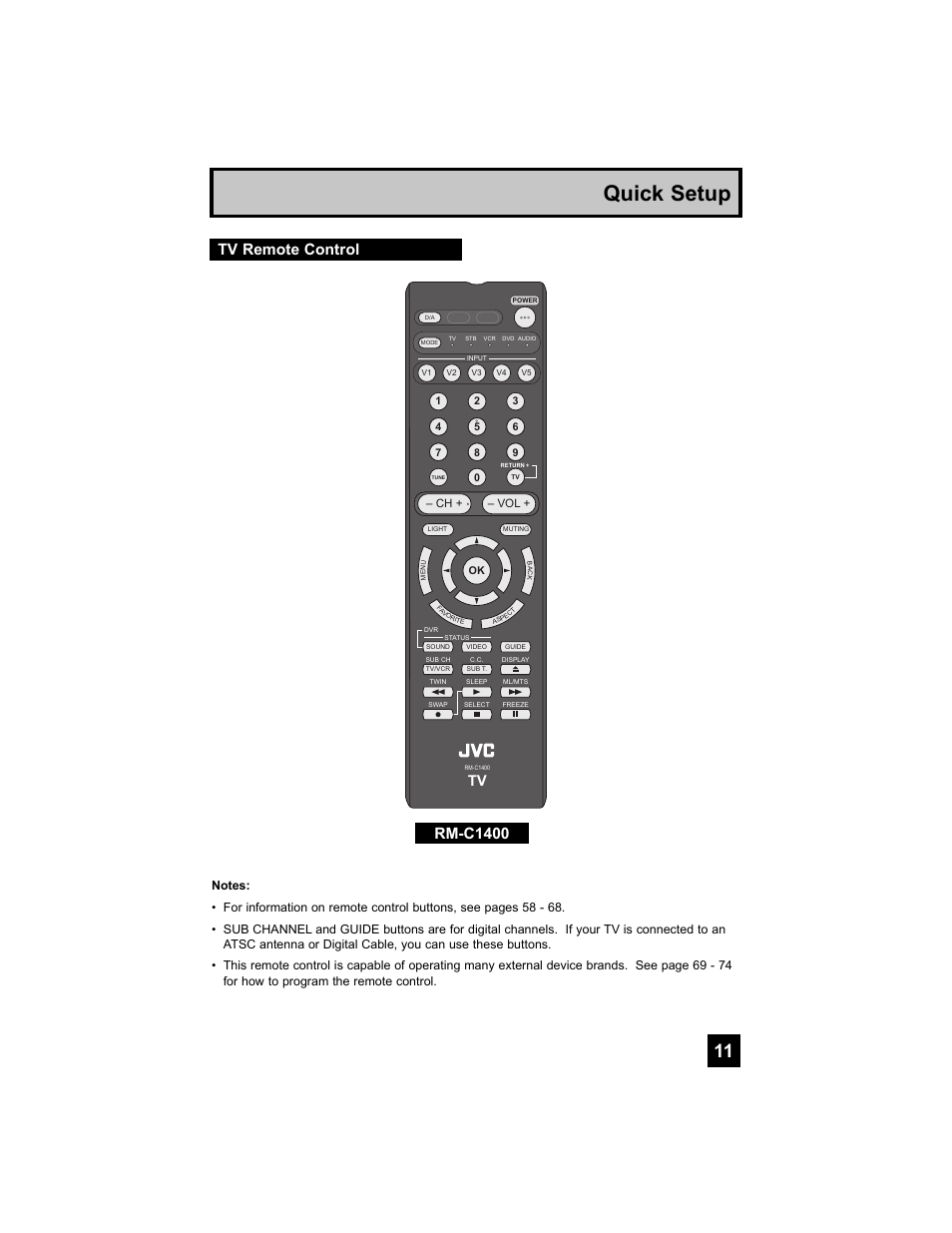 Tv remote control, Quick setup, Rm-c1400 | JVC 0807TNH-II-IM User Manual | Page 11 / 88