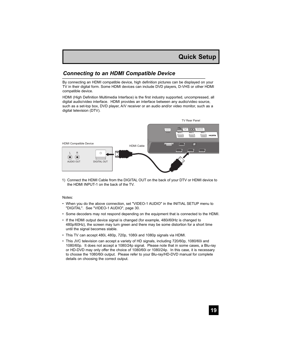 Quick setup, Connecting to an hdmi compatible device | JVC 0807TNH-II-IM User Manual | Page 19 / 88