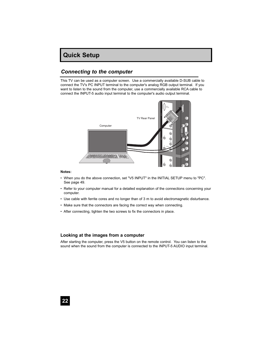 Quick setup, Connecting to the computer, Looking at the images from a computer | JVC 0807TNH-II-IM User Manual | Page 22 / 88