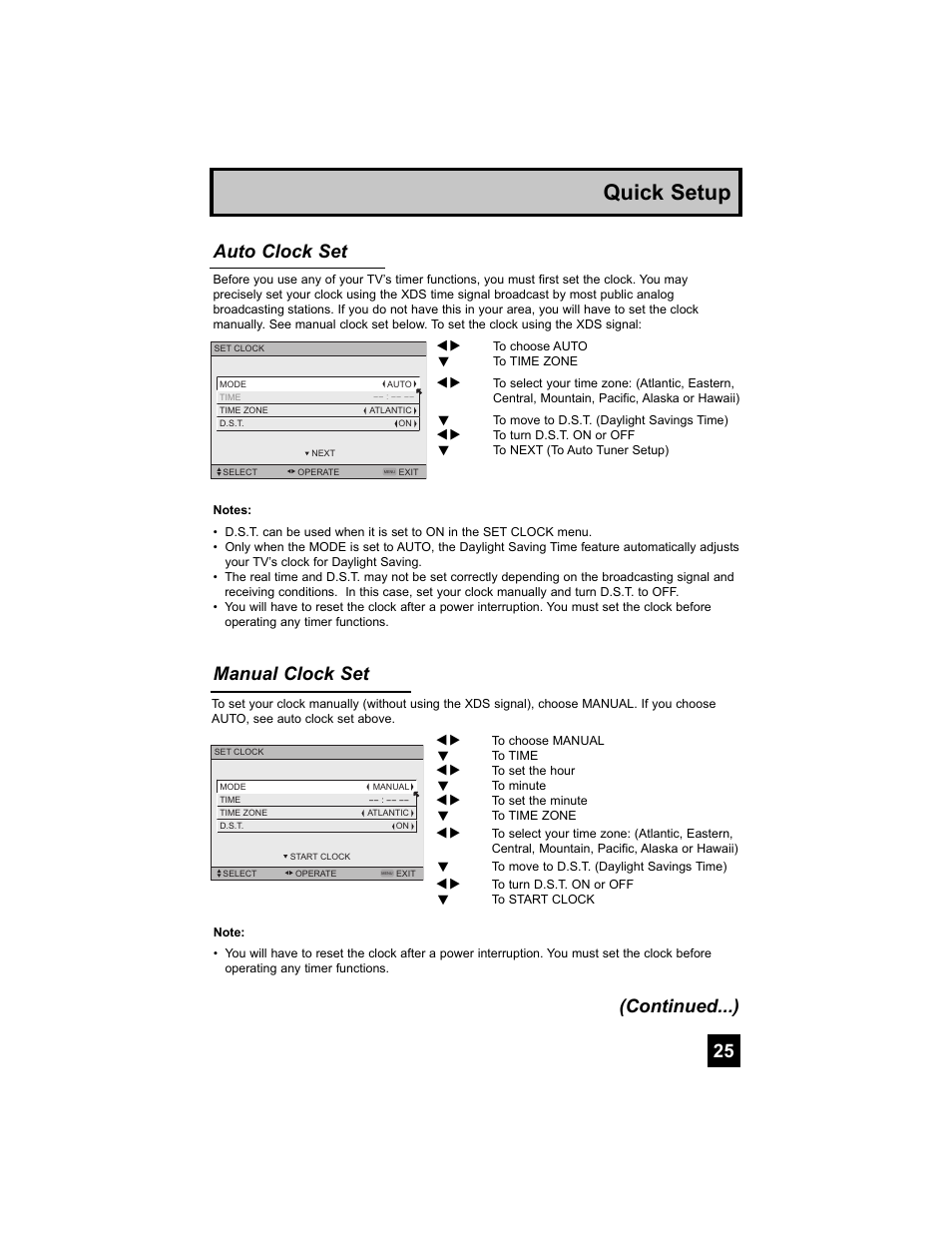 Quick setup, Manual clock set, Auto clock set (continued...) | JVC 0807TNH-II-IM User Manual | Page 25 / 88