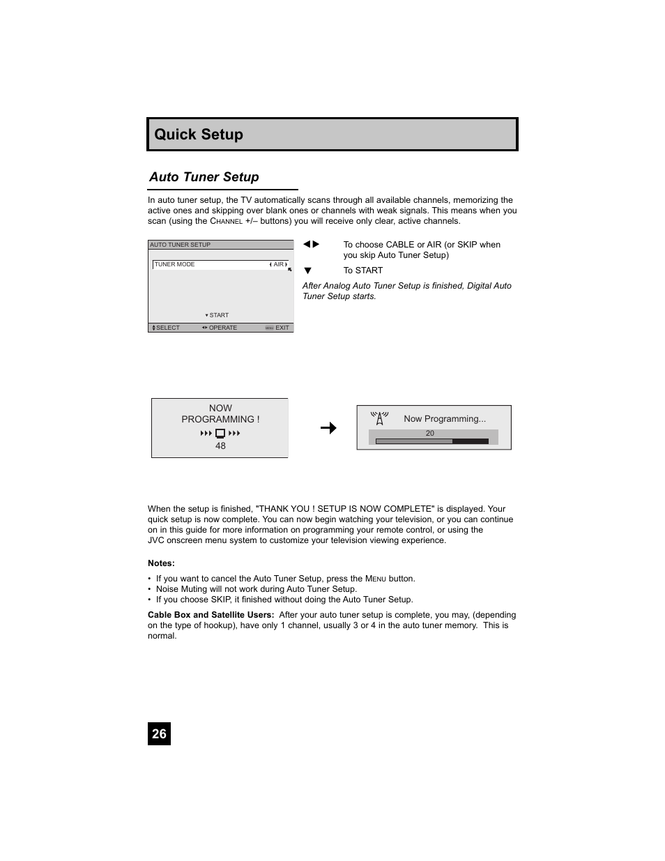 Quick setup, Auto tuner setup | JVC 0807TNH-II-IM User Manual | Page 26 / 88