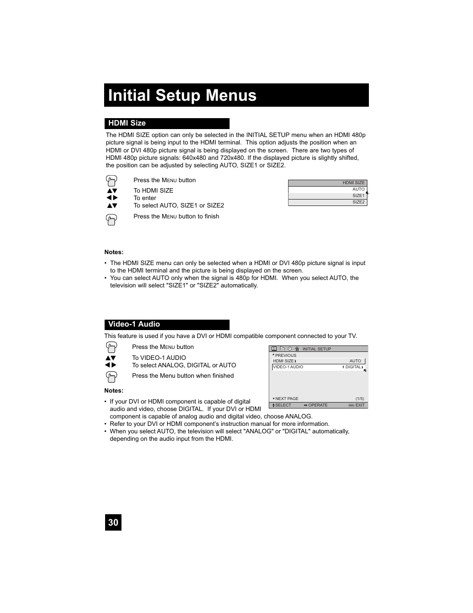 Initial setup menus, Hdmi size, Video-1 audio | Hdmi size video-1 audio | JVC 0807TNH-II-IM User Manual | Page 30 / 88