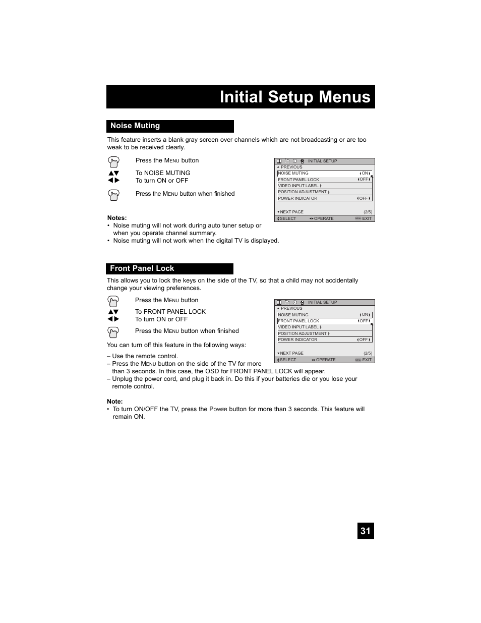 Noise muting, Front panel lock, Initial setup menus | JVC 0807TNH-II-IM User Manual | Page 31 / 88