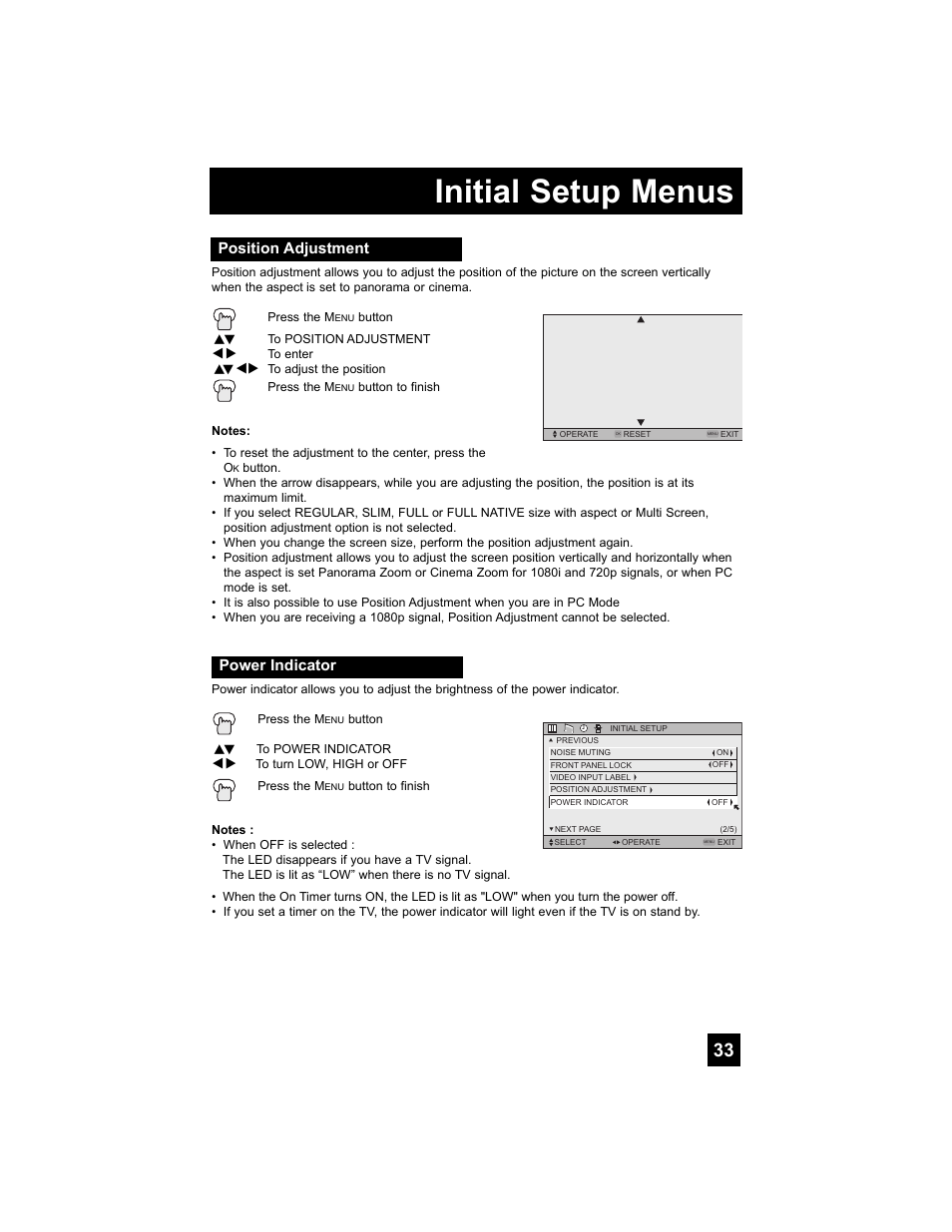 Position adjustment, Power indicator, Initial setup menus | JVC 0807TNH-II-IM User Manual | Page 33 / 88