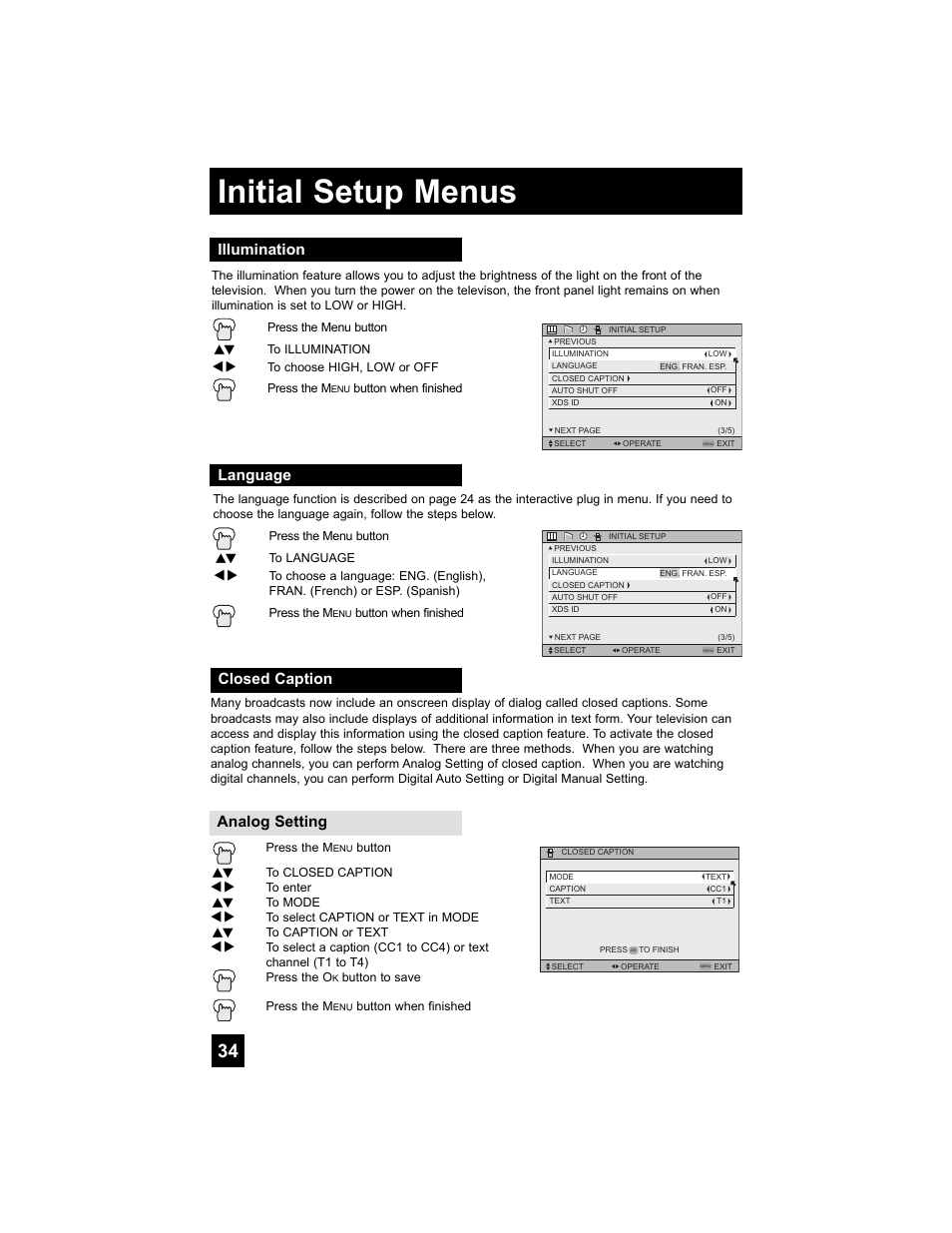 Illumination, Language, Closed caption | Initial setup menus, Closed caption analog setting | JVC 0807TNH-II-IM User Manual | Page 34 / 88