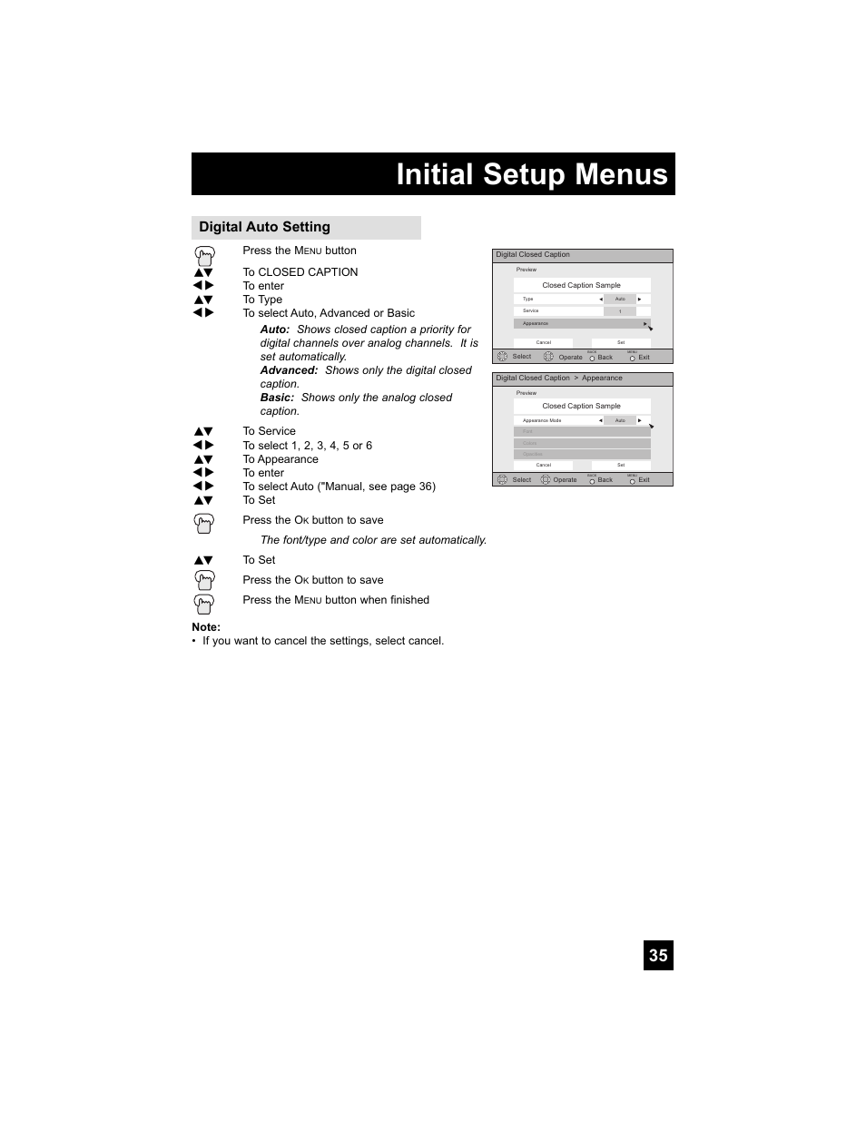 Initial setup menus, Digital auto setting | JVC 0807TNH-II-IM User Manual | Page 35 / 88