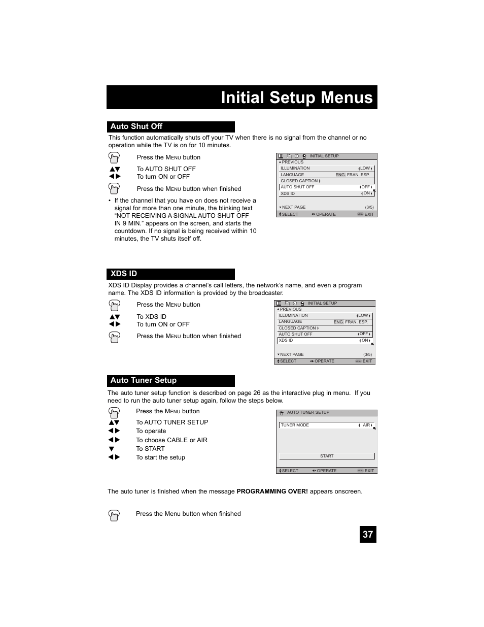 Auto shut off, Xds id, Auto tuner setup | Initial setup menus | JVC 0807TNH-II-IM User Manual | Page 37 / 88