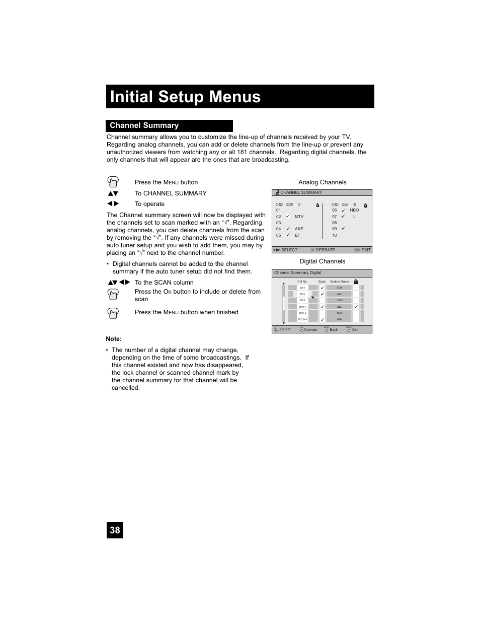 Channel summary, Initial setup menus | JVC 0807TNH-II-IM User Manual | Page 38 / 88