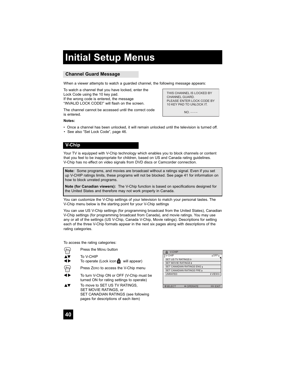 V-chip, Initial setup menus, Channel guard message v-chip | JVC 0807TNH-II-IM User Manual | Page 40 / 88