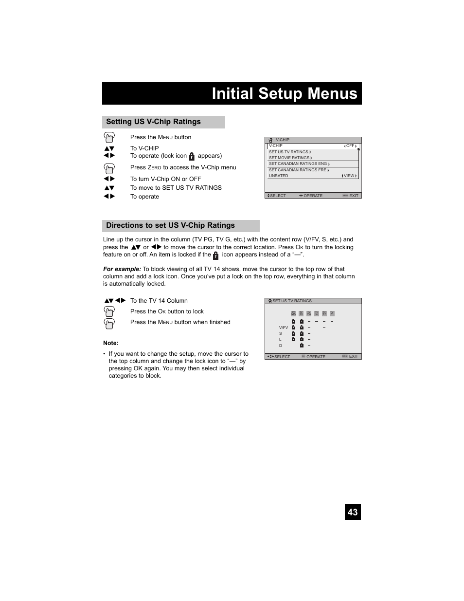 Initial setup menus, Directions to set us v-chip ratings, Setting us v-chip ratings | JVC 0807TNH-II-IM User Manual | Page 43 / 88