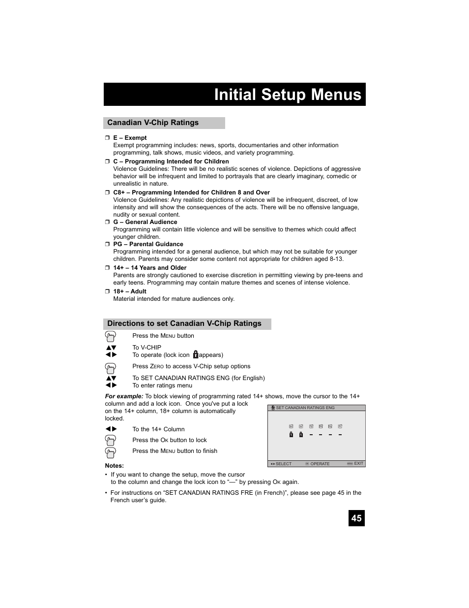 Initial setup menus, Directions to set canadian v-chip ratings, Canadian v-chip ratings | JVC 0807TNH-II-IM User Manual | Page 45 / 88