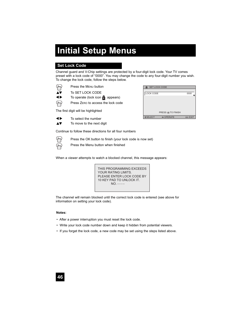 Set lock code, Initial setup menus | JVC 0807TNH-II-IM User Manual | Page 46 / 88