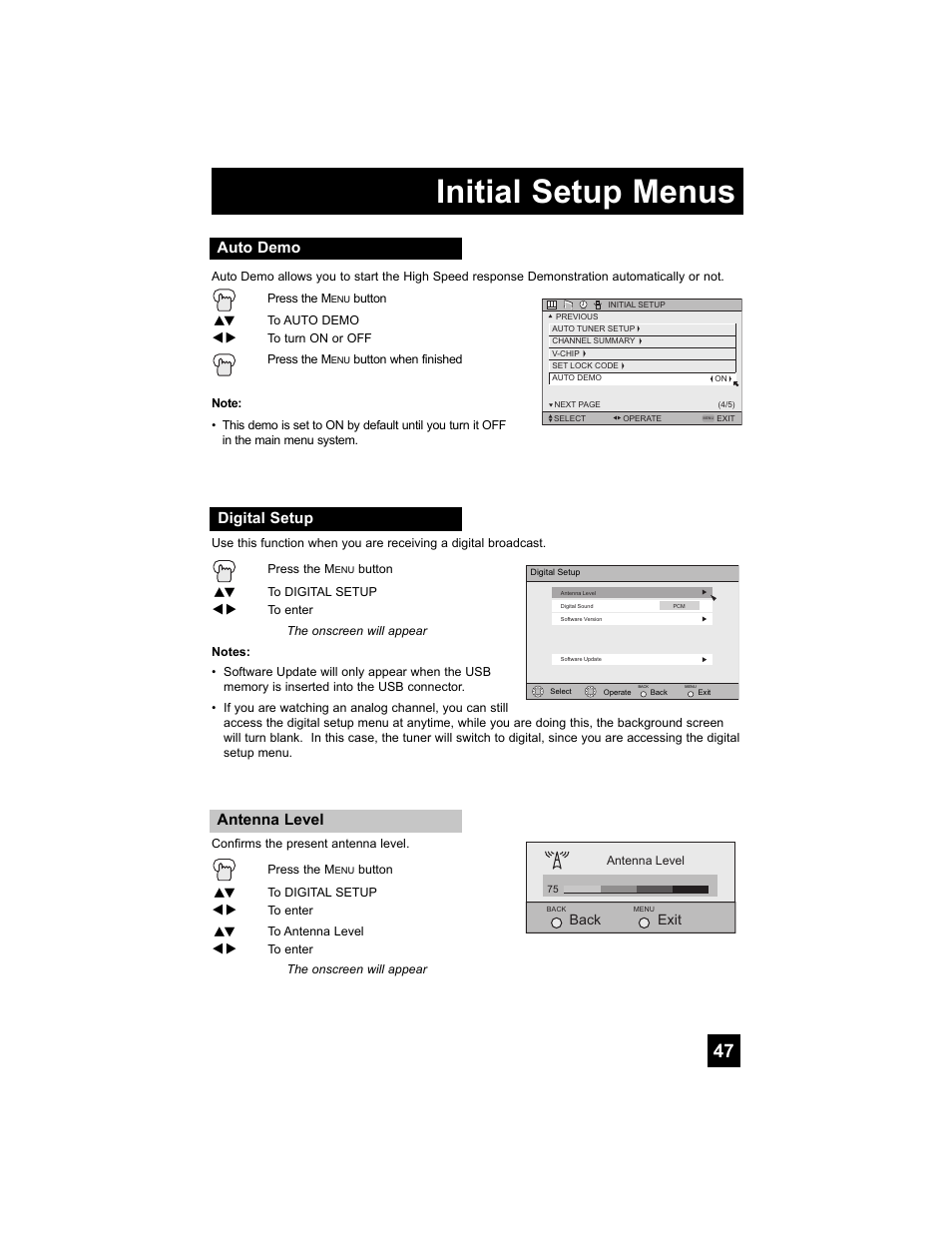 Auto demo, Digital setup, Antenna level | Initial setup menus | JVC 0807TNH-II-IM User Manual | Page 47 / 88