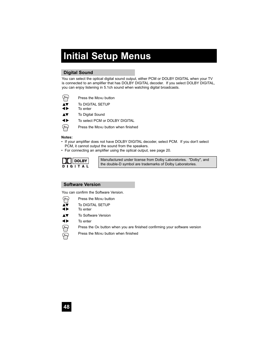 Digital sound, Software version, Initial setup menus | JVC 0807TNH-II-IM User Manual | Page 48 / 88