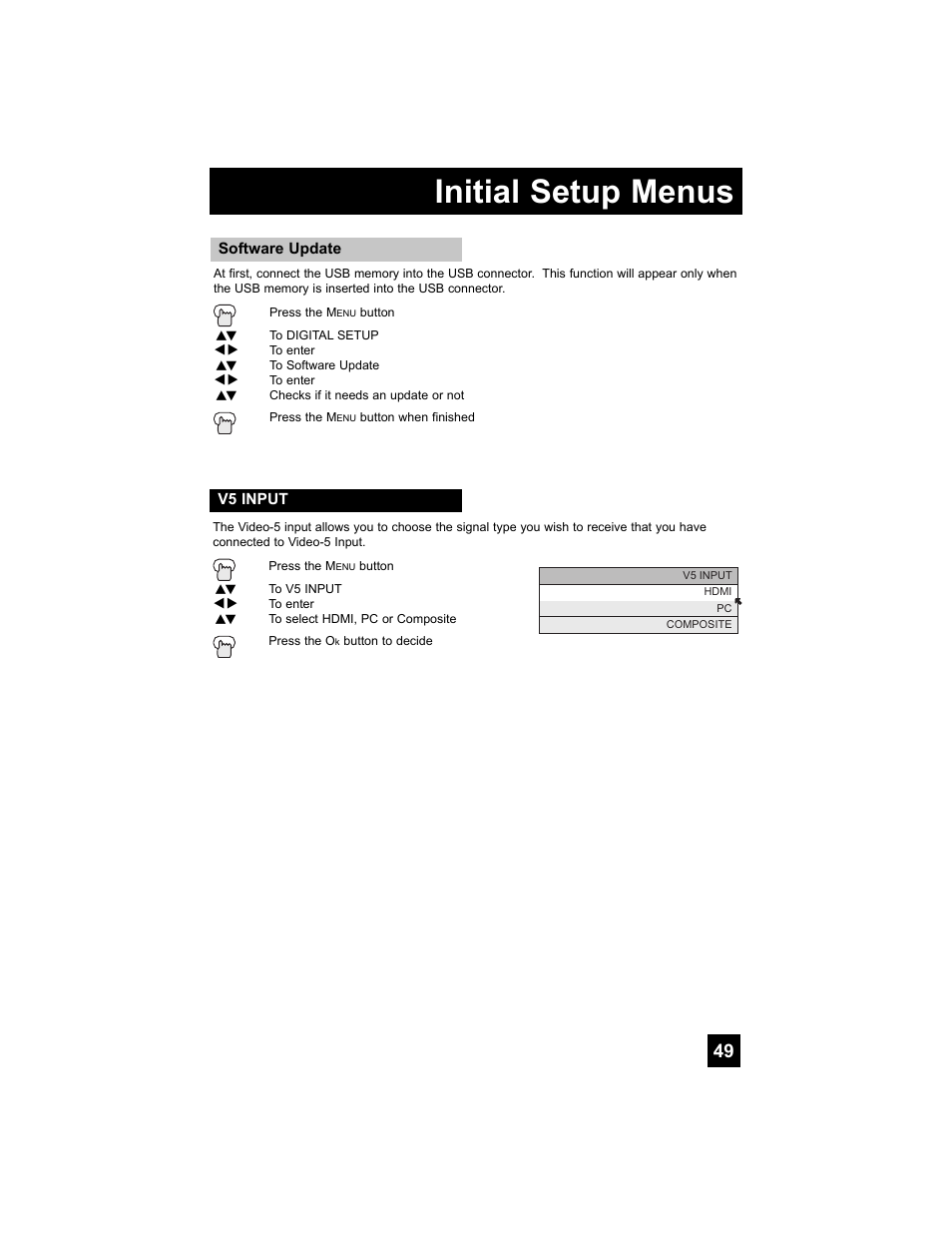 Software update, V5 input, Initial setup menus | JVC 0807TNH-II-IM User Manual | Page 49 / 88