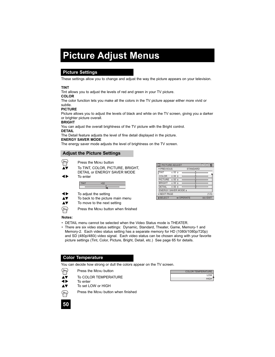 Picture adjust menus, Picture settings, Color temperature | JVC 0807TNH-II-IM User Manual | Page 50 / 88