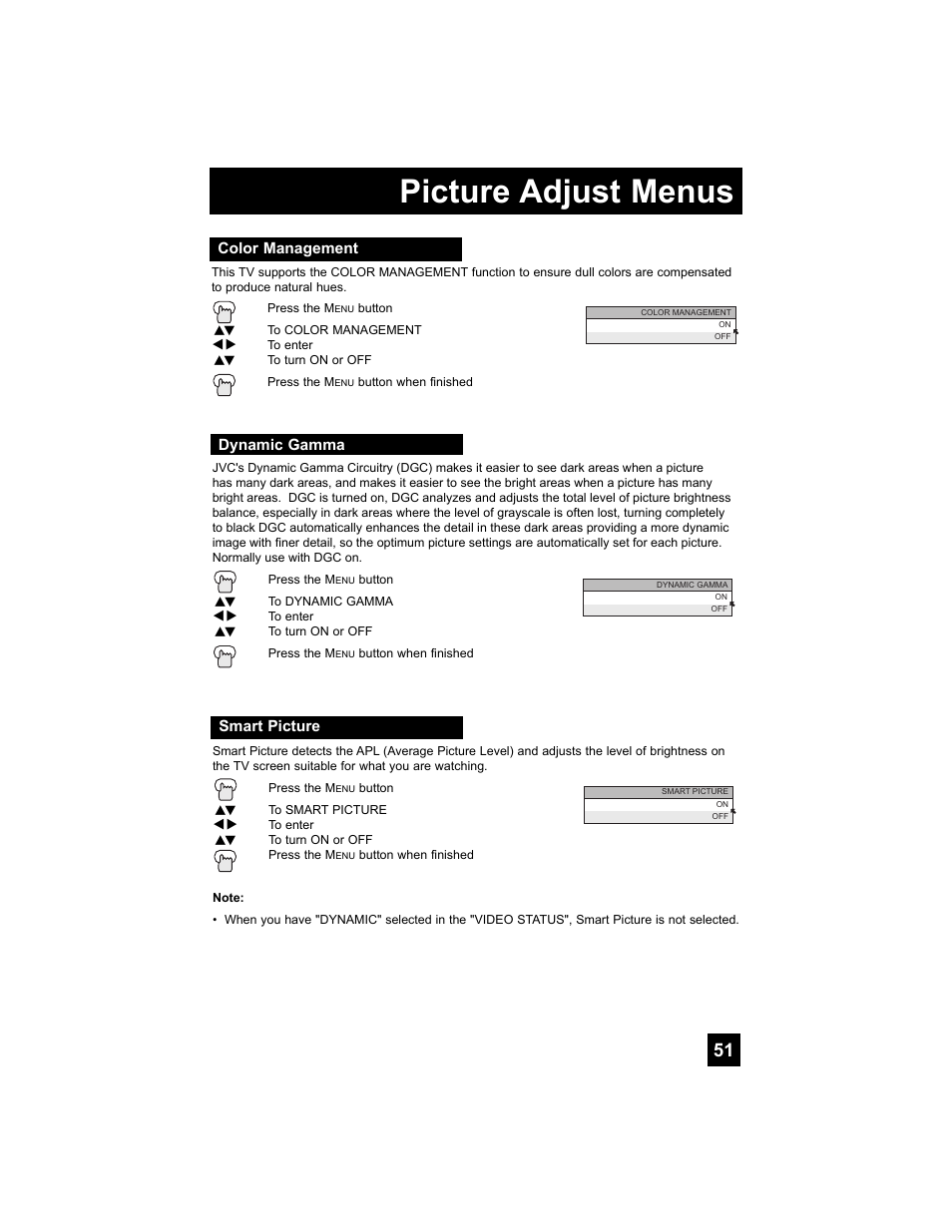 Color management, Dynamic gamma, Smart picture | Picture adjust menus | JVC 0807TNH-II-IM User Manual | Page 51 / 88