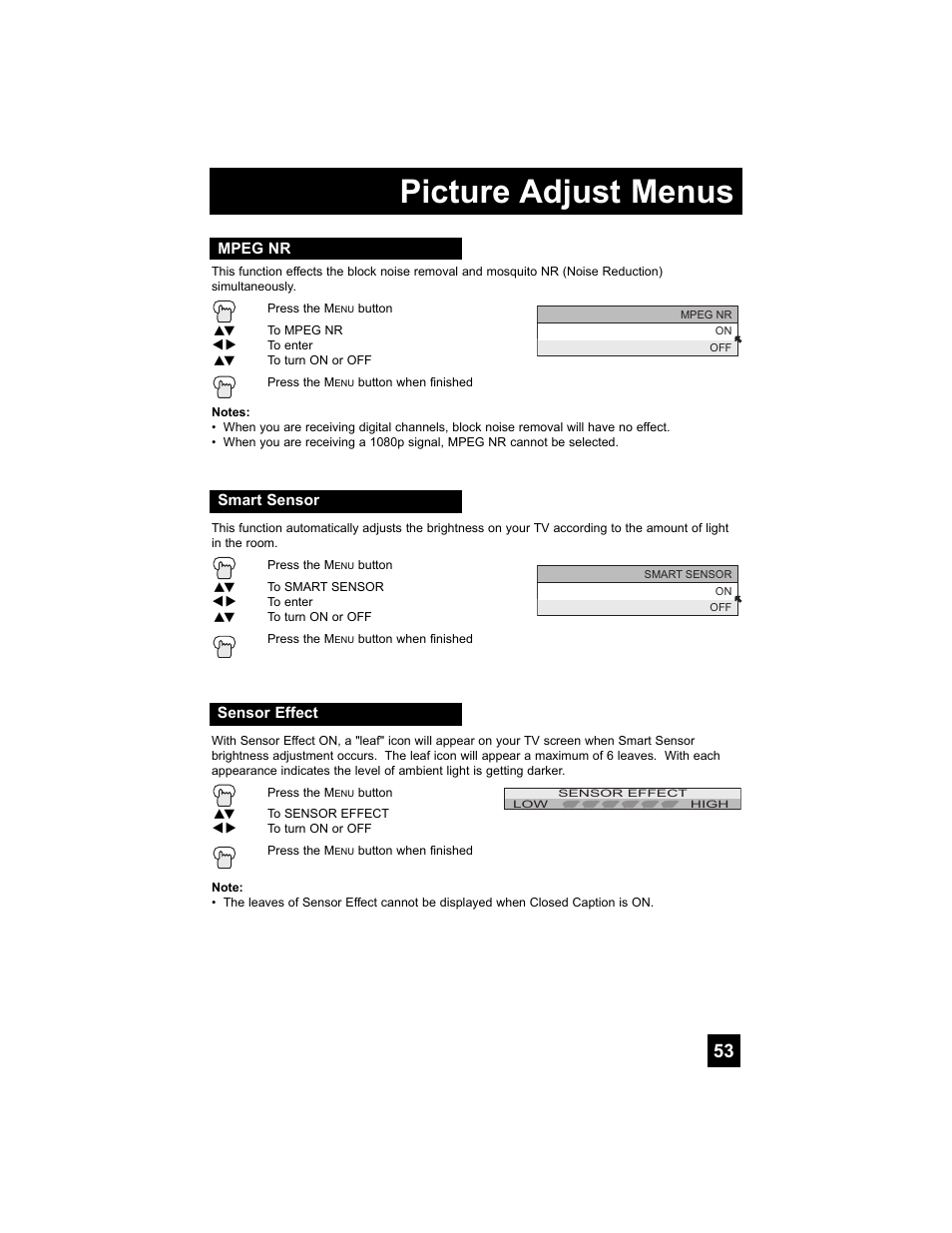Mpeg nr, Smart sensor, Sensor effect | Picture adjust menus | JVC 0807TNH-II-IM User Manual | Page 53 / 88