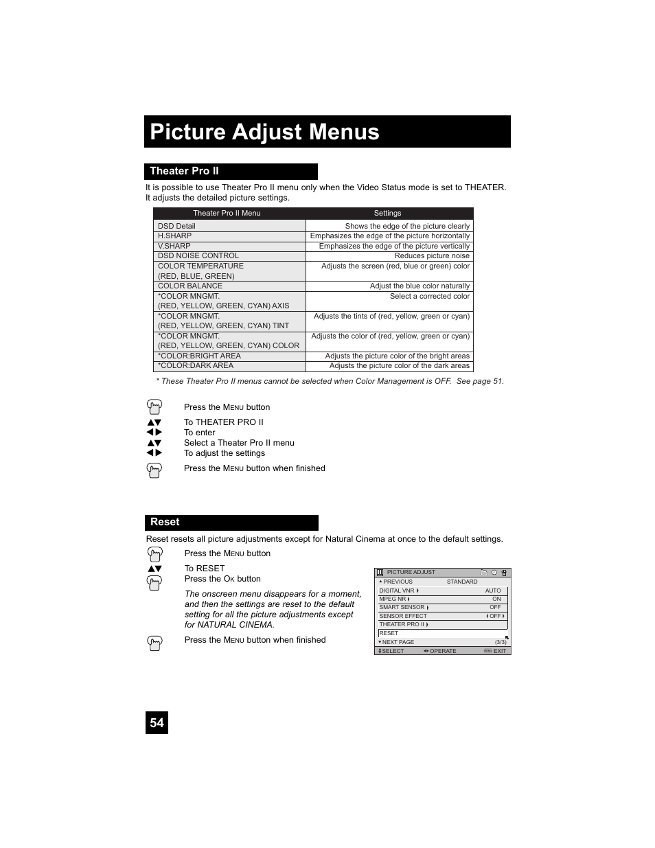 Theater pro ii, Reset, Picture adjust menus | JVC 0807TNH-II-IM User Manual | Page 54 / 88