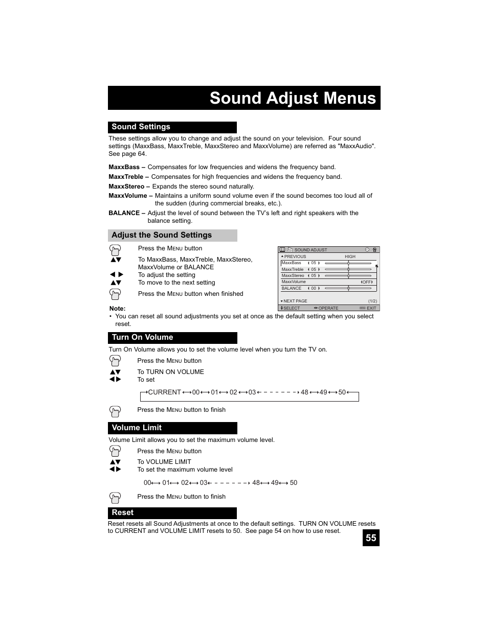 Sound adjust menus, Sound settings, Turn on volume | Volume limit, Reset | JVC 0807TNH-II-IM User Manual | Page 55 / 88