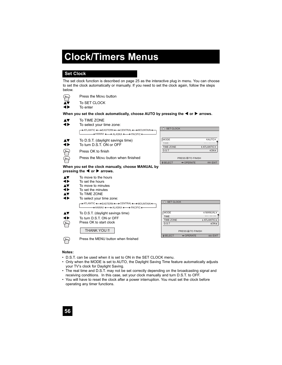 Clock/timers menus, Set clock | JVC 0807TNH-II-IM User Manual | Page 56 / 88