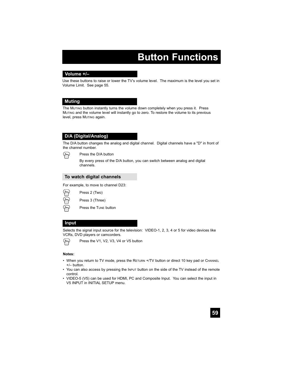 Volume, Muting, D/a (digital/analog) | Input, Button functions | JVC 0807TNH-II-IM User Manual | Page 59 / 88