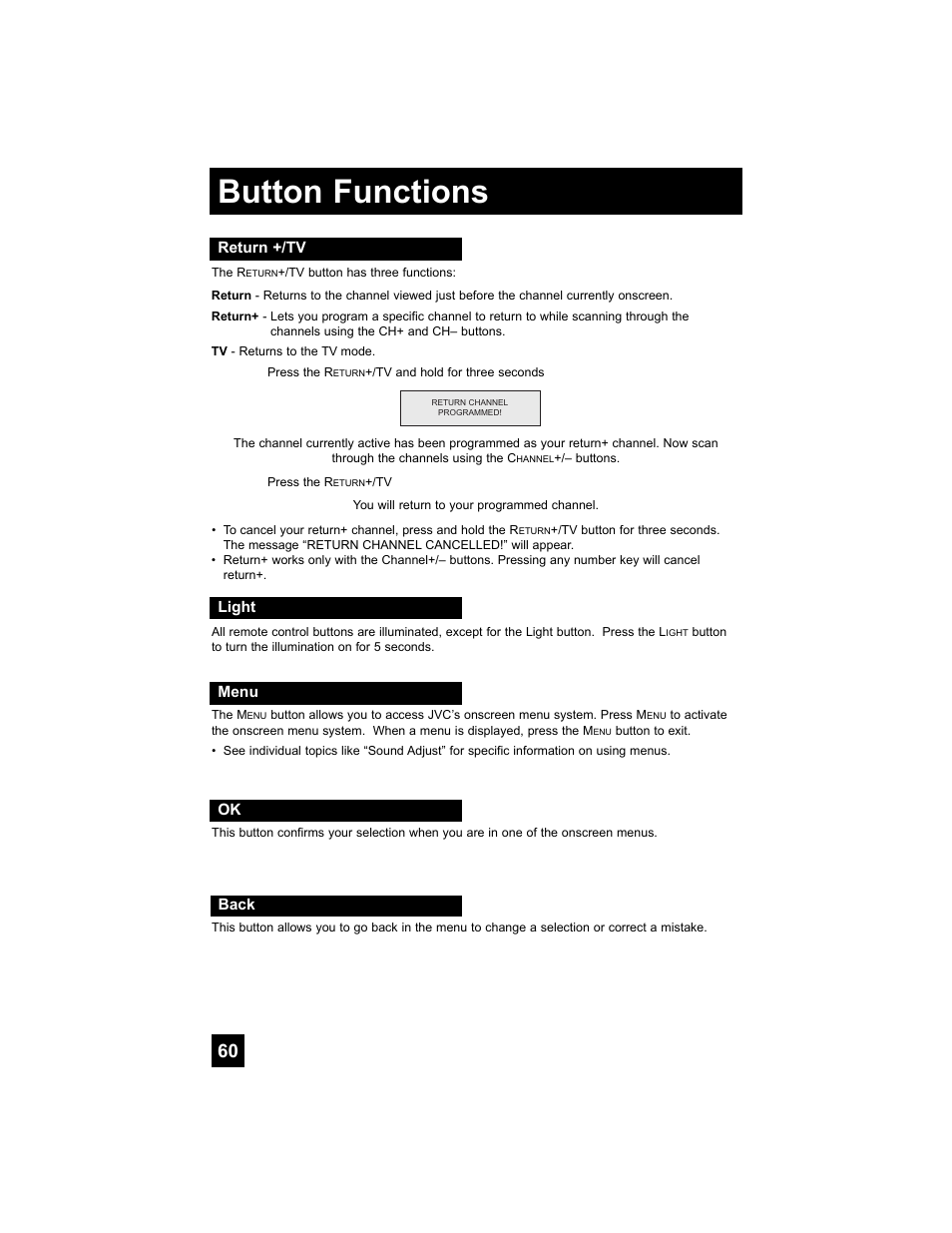 Return +/tv, Light, Menu | Back, Button functions | JVC 0807TNH-II-IM User Manual | Page 60 / 88