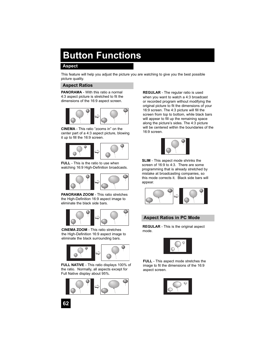 Aspect, Button functions | JVC 0807TNH-II-IM User Manual | Page 62 / 88